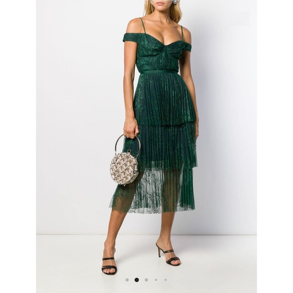 Self-Portrait Green Off Shoulder Fine Lace Dress - Picture 7 of 15